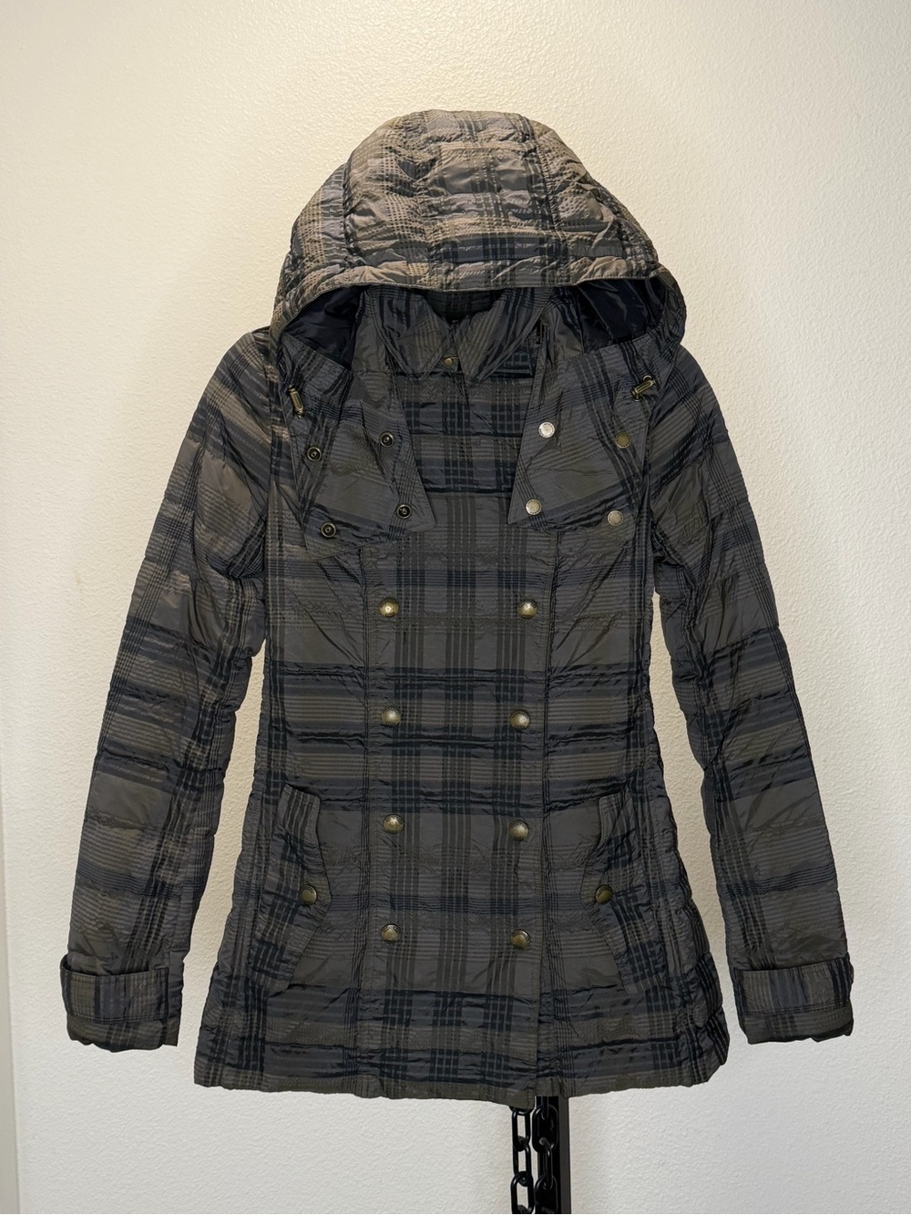 Burberry Green and Blue Plaid Hooded Quilted Puffer Jacket